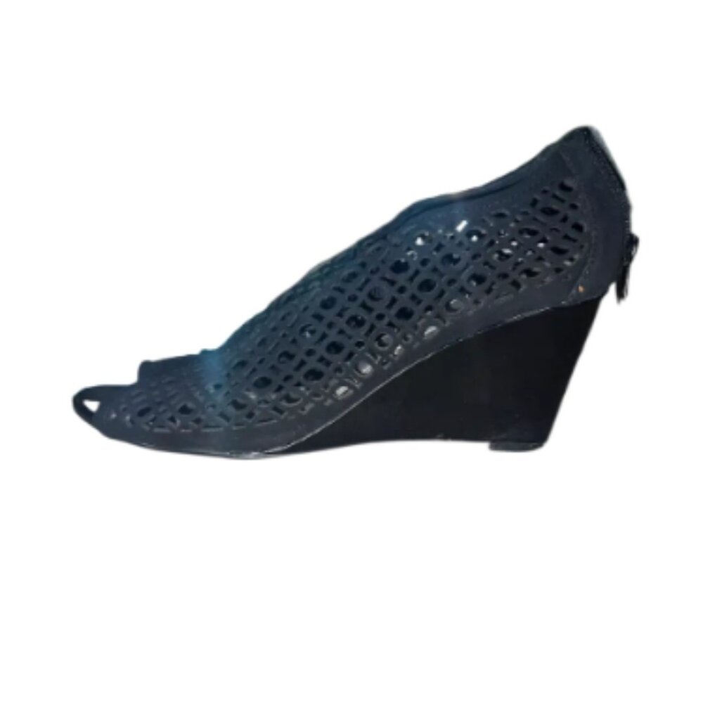 Stylish Black Perforated Peep Toe Wedge Booties